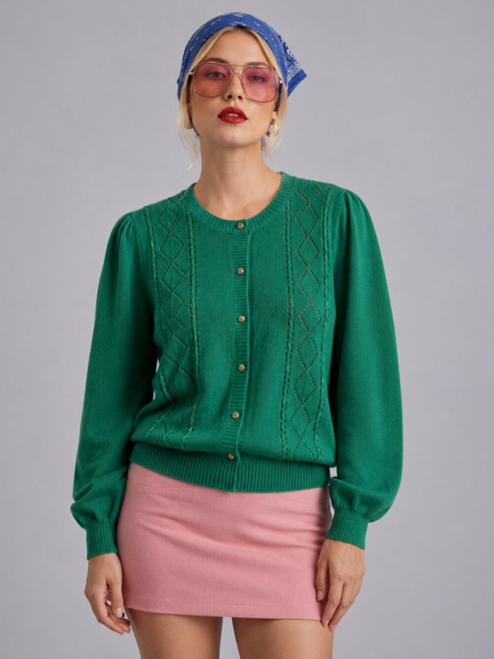 Vintage Japanese Emerald Green Knit Sweater Puff Sleeves Y2K 90s Preppy Romantic
